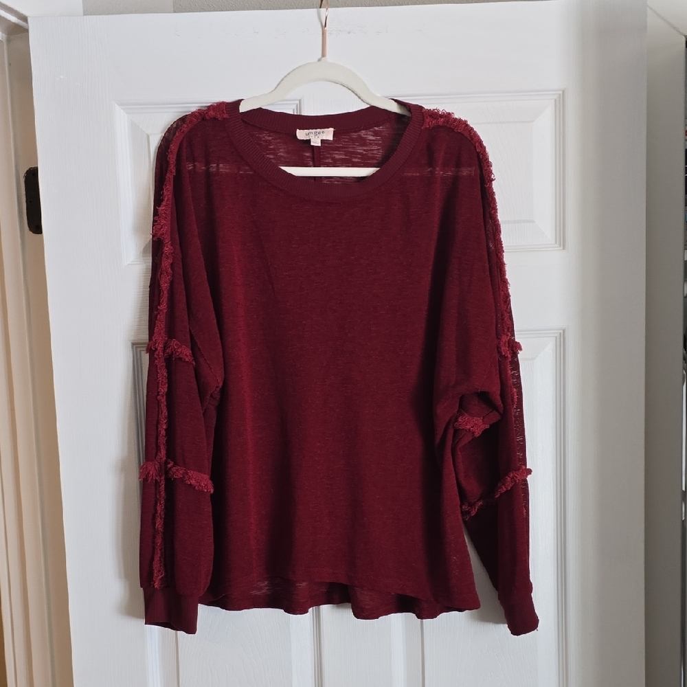 Umgee Maroon Knit Top with Fringe Accents